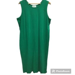 Vintage The Quacker Factory Green Sleeveless Dress Rhinestones & Side Slit Siz…